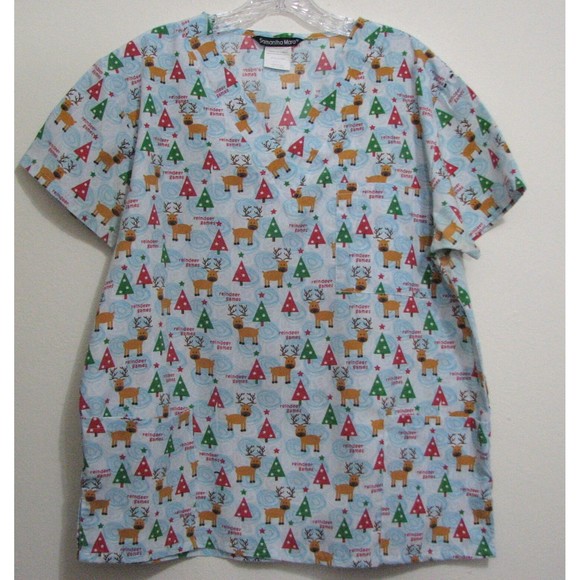 Samantha Mara Large Reindeer Games Chirtsmas 3 Pocket Cotton Blend L Scrub Top - Picture 2 of 5